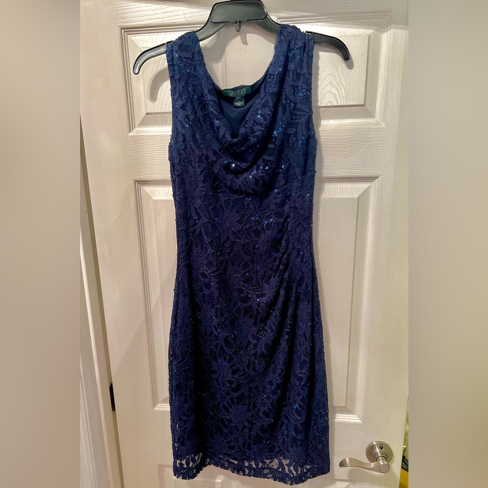 LIKE NEW & Gorgeous! Ralph Lauren Midnight Blue Lace Dress - Picture 3 of 9